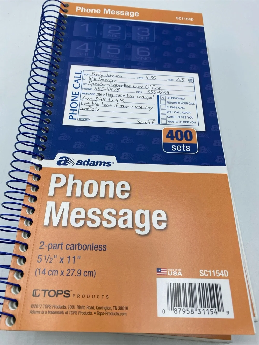 Message Book Phone Call Carbonless Duplicate 5.5x11” 3 Pack Adam’s SC1154D
